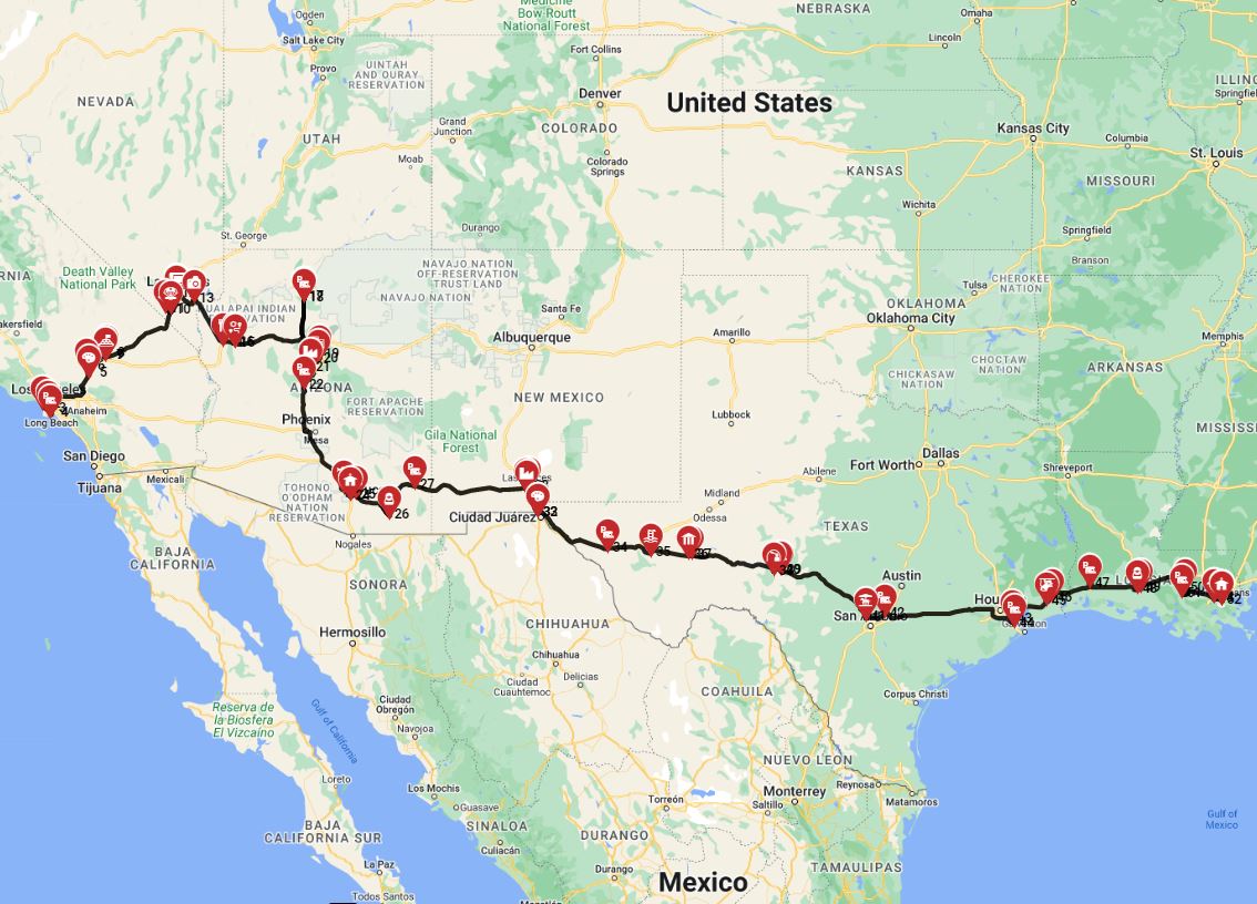 RV trip planner wizard route planning from Los Angeles to New Orleans